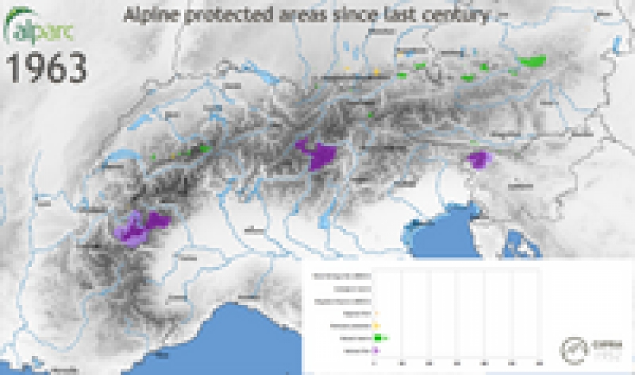 Animazione grafica sullo sviluppo delle aree protette alpine a partire dal XXesimo secolo